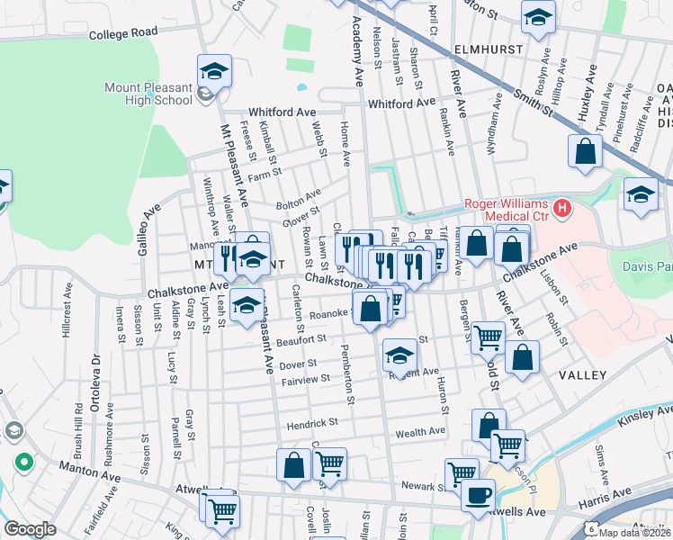 map of restaurants, bars, coffee shops, grocery stores, and more near 31 Lawn Street in Providence