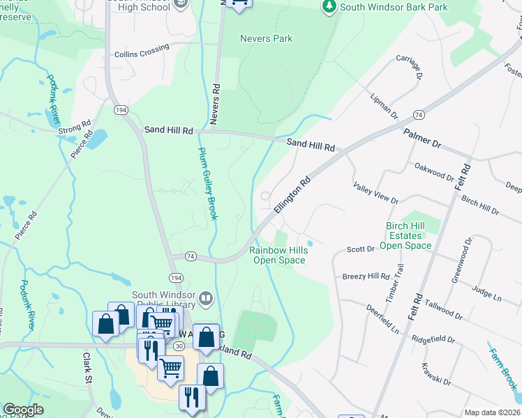 map of restaurants, bars, coffee shops, grocery stores, and more near 603 Summer Hill Drive in South Windsor