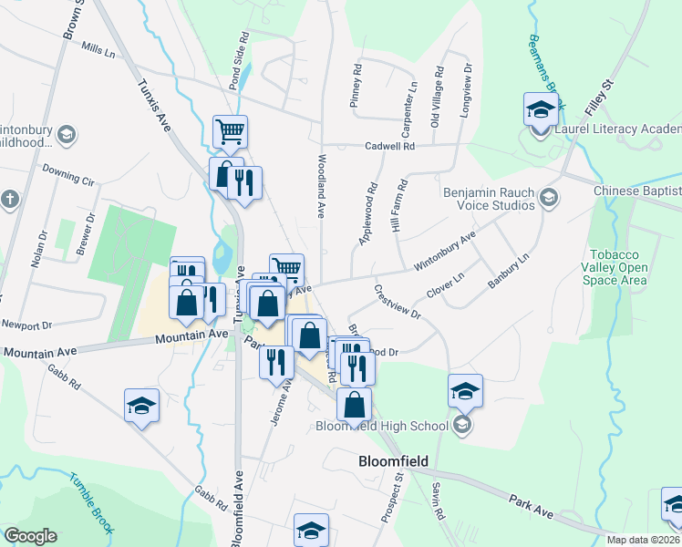 map of restaurants, bars, coffee shops, grocery stores, and more near 7 Applewood Road in Bloomfield