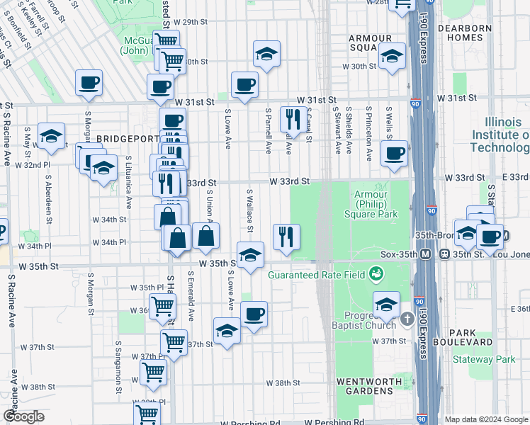 map of restaurants, bars, coffee shops, grocery stores, and more near 3330 South Parnell Avenue in Chicago