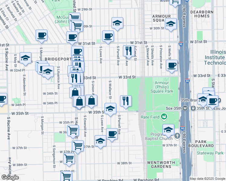 map of restaurants, bars, coffee shops, grocery stores, and more near 3330 South Parnell Avenue in Chicago