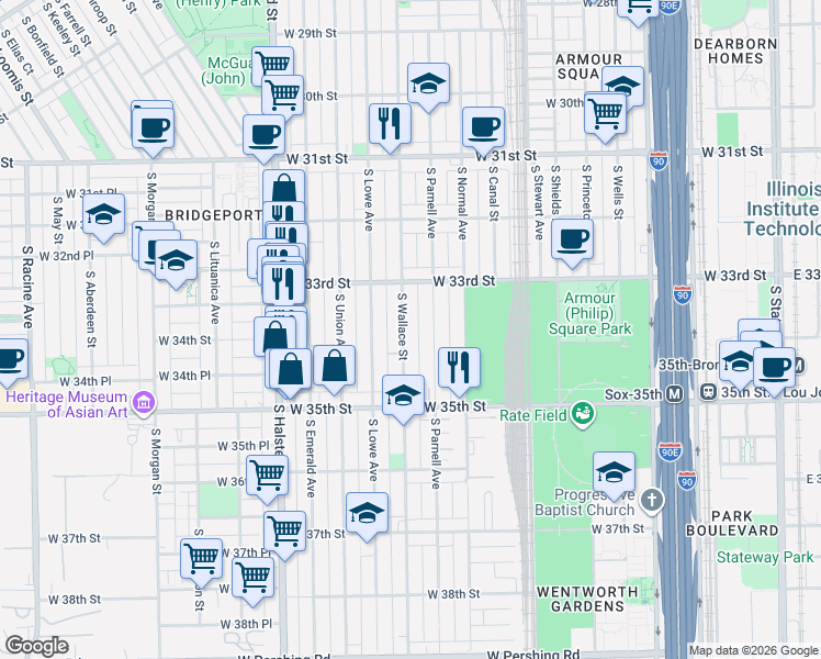 map of restaurants, bars, coffee shops, grocery stores, and more near 3330 South Parnell Avenue in Chicago