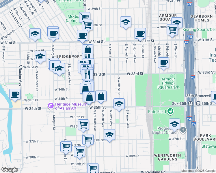 map of restaurants, bars, coffee shops, grocery stores, and more near 3331 South Union Avenue in Chicago