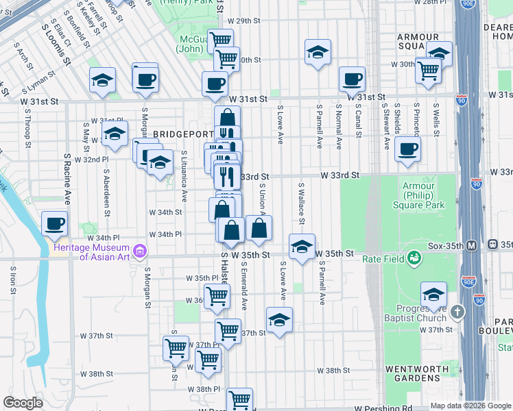 map of restaurants, bars, coffee shops, grocery stores, and more near 3331 South Union Avenue in Chicago