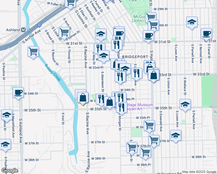map of restaurants, bars, coffee shops, grocery stores, and more near 3326 South Carpenter Street in Chicago