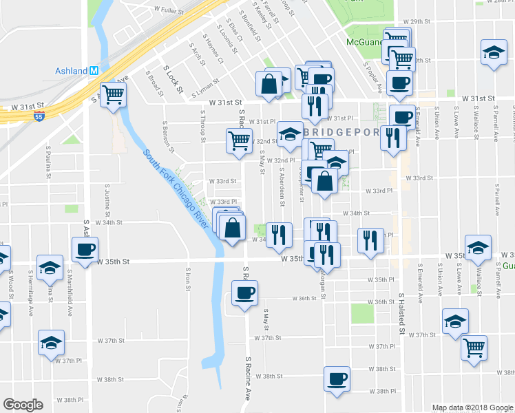 map of restaurants, bars, coffee shops, grocery stores, and more near 3325 South Racine Avenue in Chicago