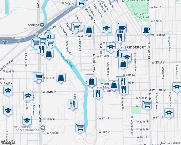 map of restaurants, bars, coffee shops, grocery stores, and more near 1220 West 33rd Place in Chicago