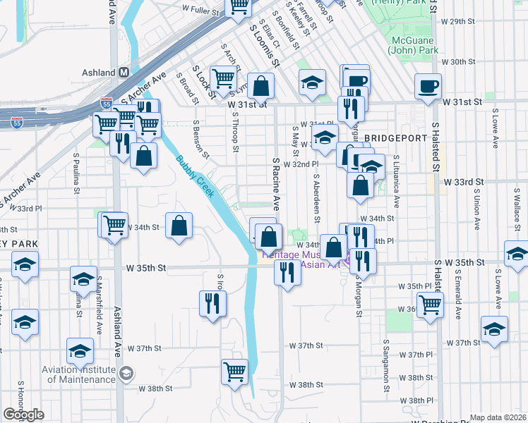 map of restaurants, bars, coffee shops, grocery stores, and more near 1220 West 33rd Place in Chicago