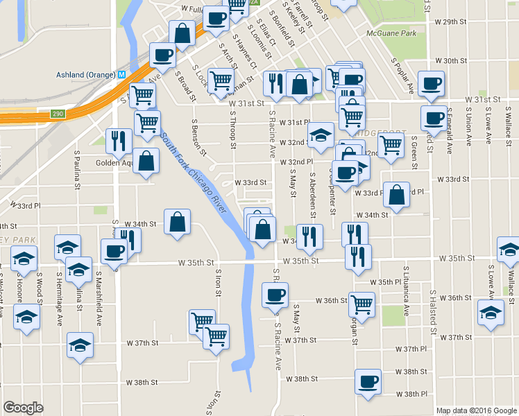 map of restaurants, bars, coffee shops, grocery stores, and more near 1220 West 33rd Place in Chicago