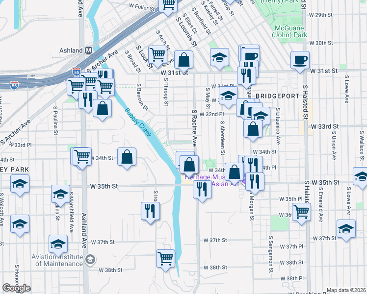 map of restaurants, bars, coffee shops, grocery stores, and more near 1220 West 33rd Place in Chicago