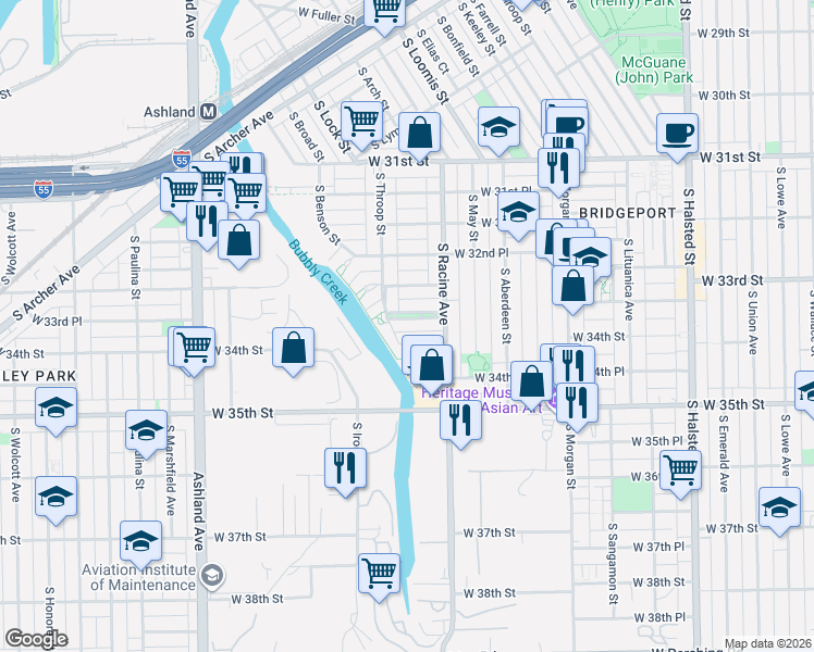 map of restaurants, bars, coffee shops, grocery stores, and more near 1220 West 33rd Place in Chicago
