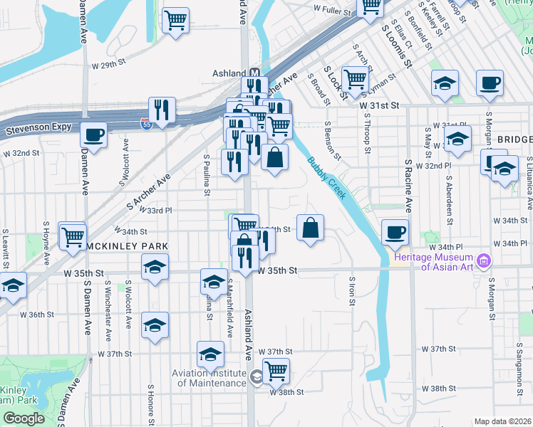 map of restaurants, bars, coffee shops, grocery stores, and more near 3320 South Justine Street in Chicago