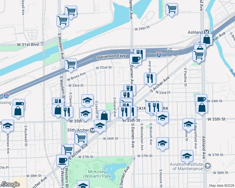 map of restaurants, bars, coffee shops, grocery stores, and more near 3314 South Hoyne Avenue in Chicago
