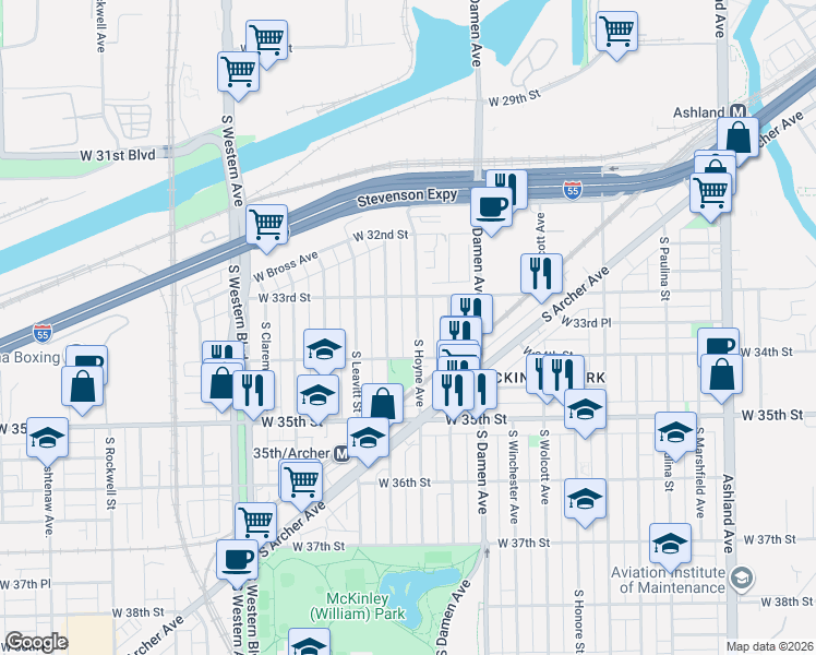 map of restaurants, bars, coffee shops, grocery stores, and more near 3314 South Hoyne Avenue in Chicago