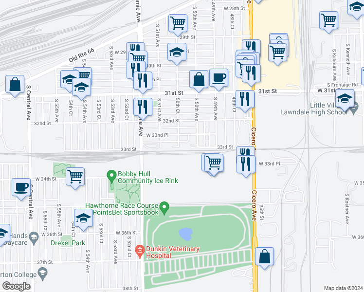 map of restaurants, bars, coffee shops, grocery stores, and more near 3235 50th Court in Cicero