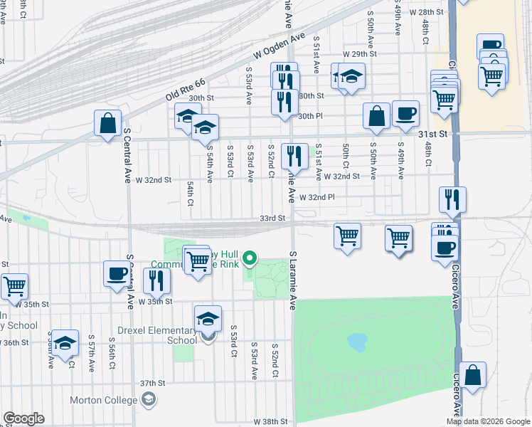 map of restaurants, bars, coffee shops, grocery stores, and more near 3233 South 52nd Court in Cicero