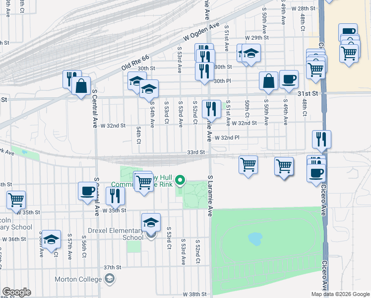 map of restaurants, bars, coffee shops, grocery stores, and more near 3231 South 53rd Avenue in Cicero
