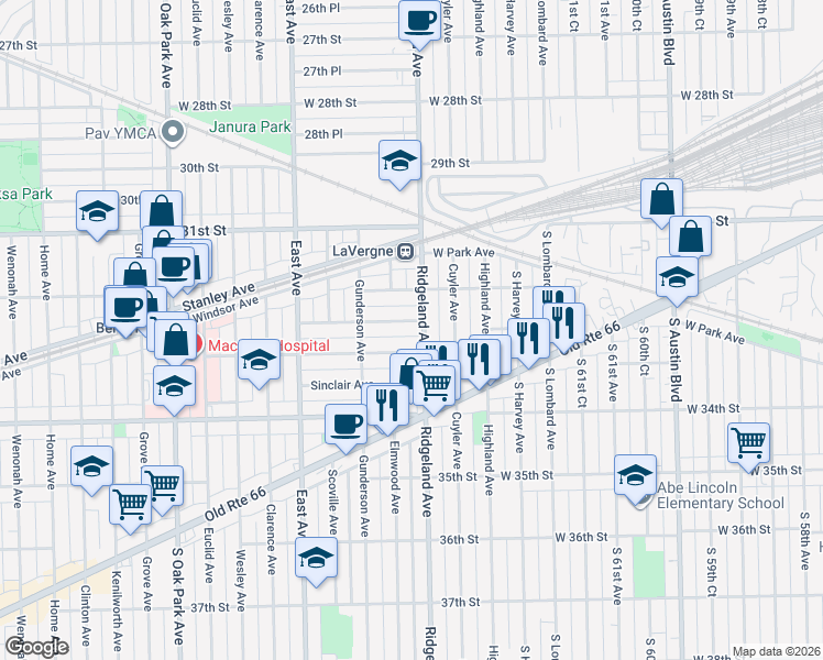 map of restaurants, bars, coffee shops, grocery stores, and more near 3217 Ridgeland Avenue in Berwyn