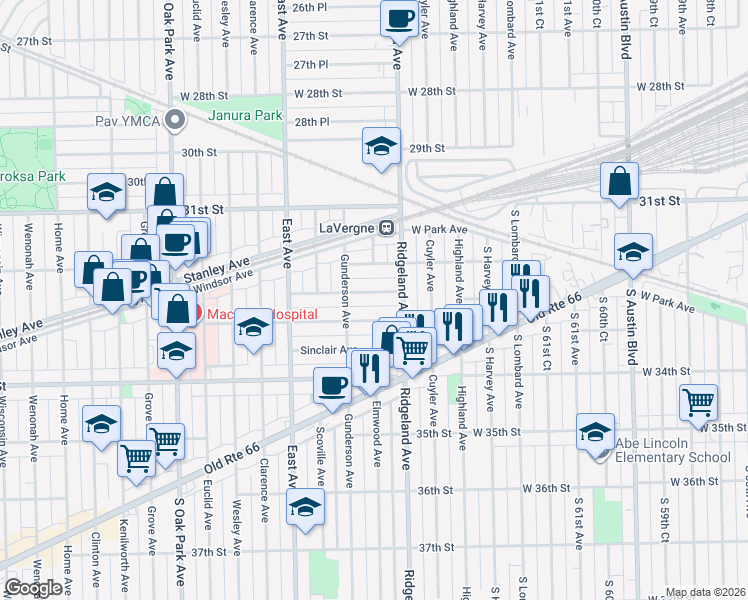 map of restaurants, bars, coffee shops, grocery stores, and more near 6427 Fairfield Avenue in Berwyn