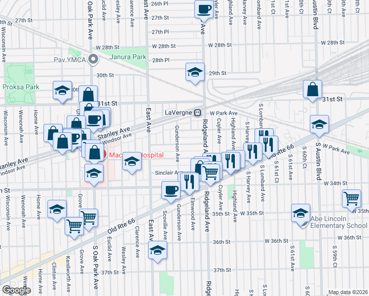 map of restaurants, bars, coffee shops, grocery stores, and more near 6427 Fairfield Avenue in Berwyn