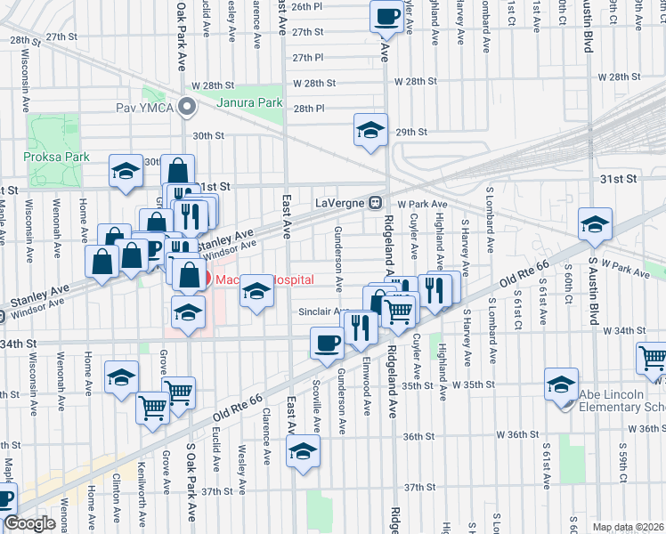map of restaurants, bars, coffee shops, grocery stores, and more near 3222 Gunderson Avenue in Berwyn