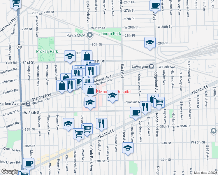 map of restaurants, bars, coffee shops, grocery stores, and more near in Stickney