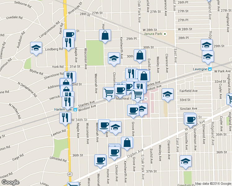 map of restaurants, bars, coffee shops, grocery stores, and more near 3217 Clinton Avenue in Berwyn