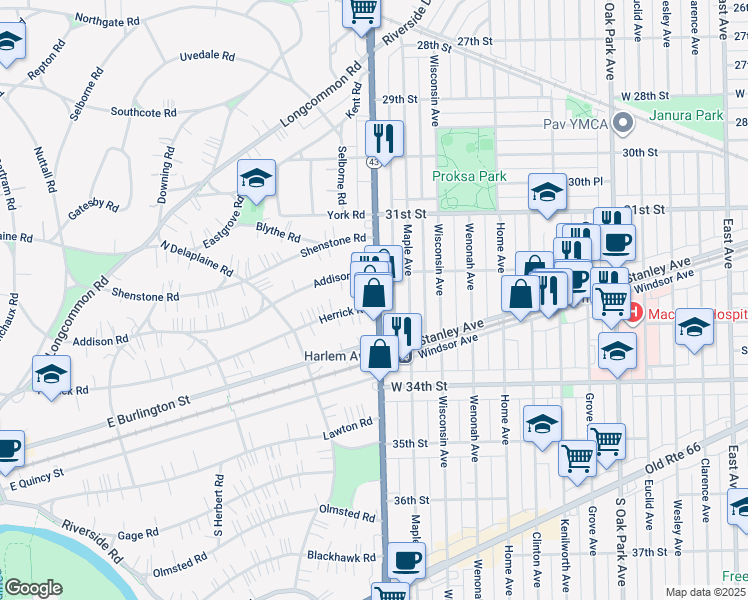 map of restaurants, bars, coffee shops, grocery stores, and more near 3211 South Harlem Avenue in Berwyn