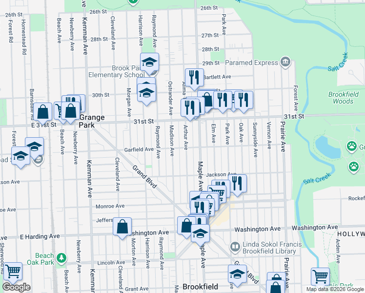 map of restaurants, bars, coffee shops, grocery stores, and more near 3132 Arthur Avenue in Brookfield