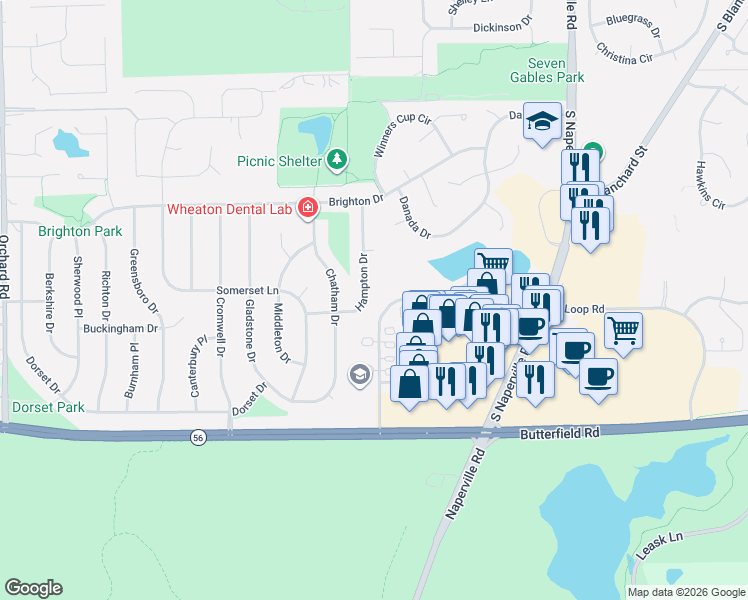 map of restaurants, bars, coffee shops, grocery stores, and more near 1961 Hampton Drive in Wheaton
