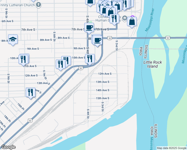 map of restaurants, bars, coffee shops, grocery stores, and more near 310-398 12th Avenue South in Clinton