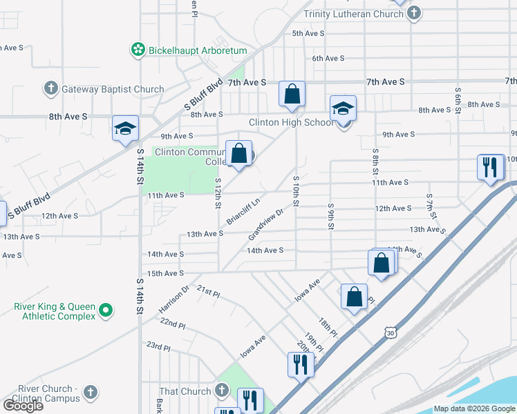 map of restaurants, bars, coffee shops, grocery stores, and more near 1100-1128 Briarcliff Lane in Clinton