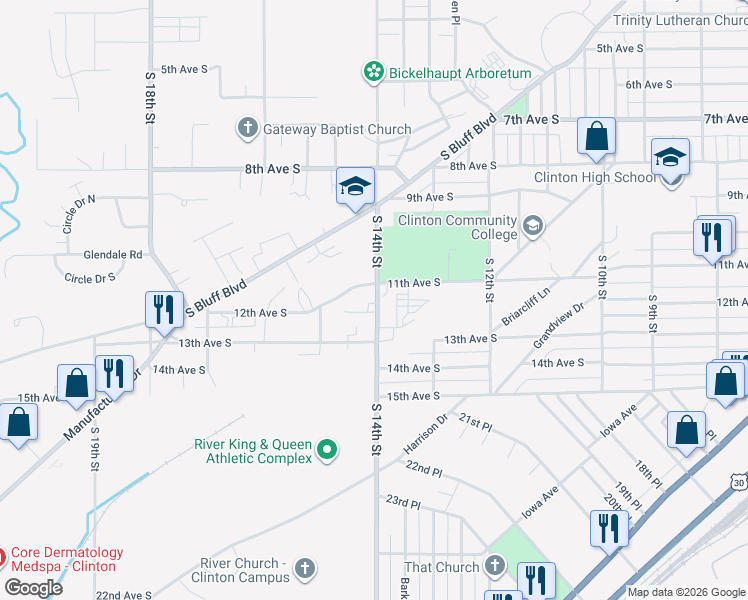 map of restaurants, bars, coffee shops, grocery stores, and more near 1104 South 14th Street in Clinton