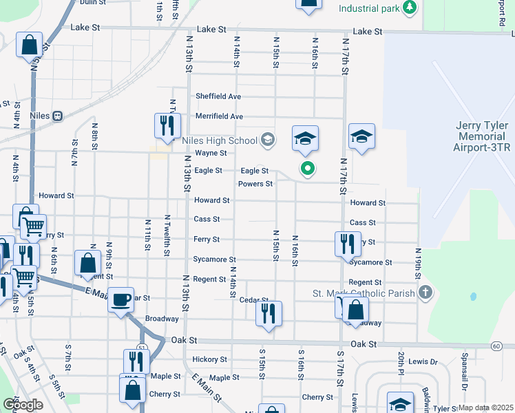 map of restaurants, bars, coffee shops, grocery stores, and more near 1443 Howard Street in Niles