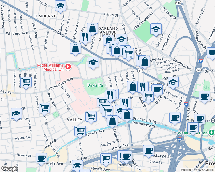 map of restaurants, bars, coffee shops, grocery stores, and more near 79 Pleasant Valley Parkway in Providence