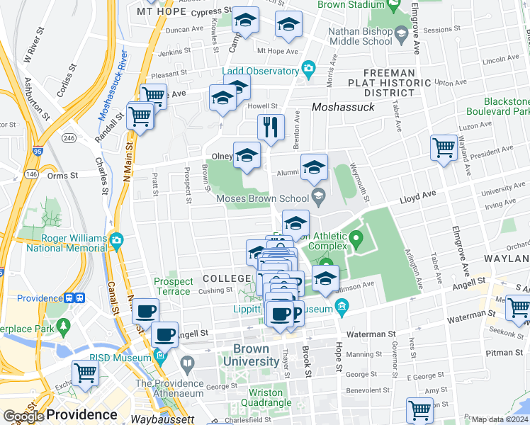 map of restaurants, bars, coffee shops, grocery stores, and more near 76 Barnes Street in Providence