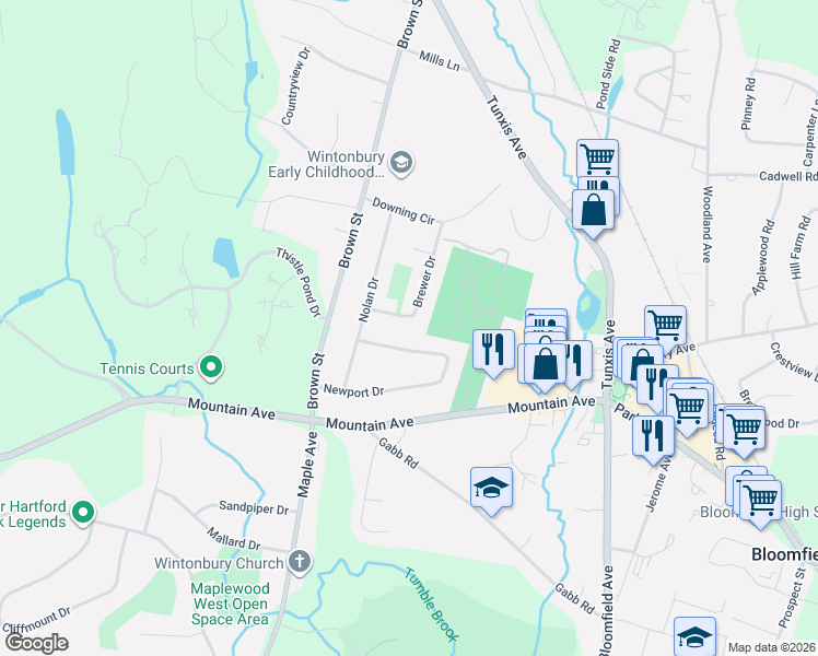 map of restaurants, bars, coffee shops, grocery stores, and more near 9 Brewer Drive in Bloomfield