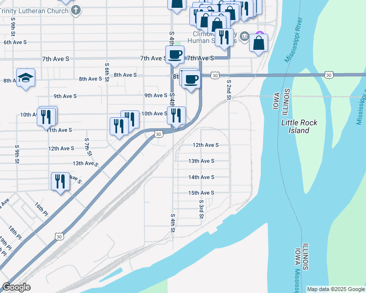 map of restaurants, bars, coffee shops, grocery stores, and more near 310-398 12th Avenue South in Clinton
