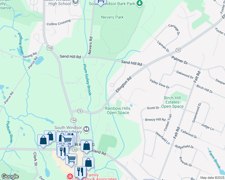 map of restaurants, bars, coffee shops, grocery stores, and more near 402 Summer Hill Drive in South Windsor