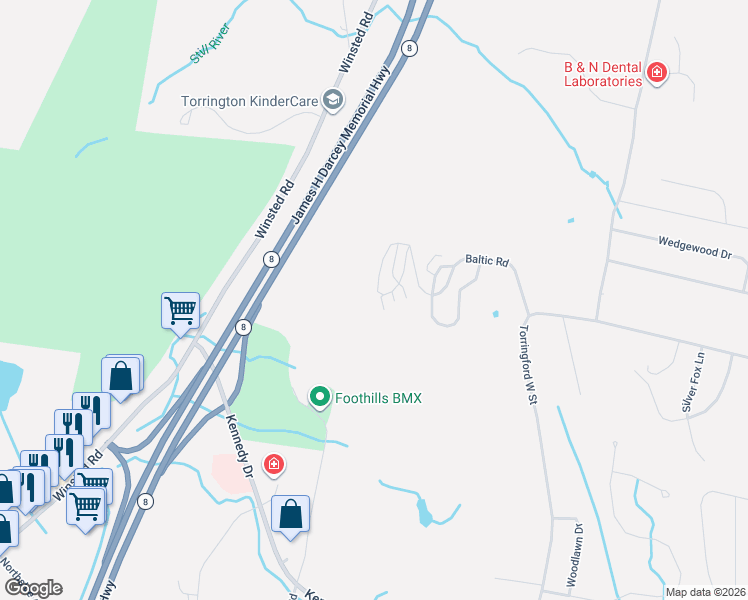 map of restaurants, bars, coffee shops, grocery stores, and more near 58 Rockledge Loop in Torrington