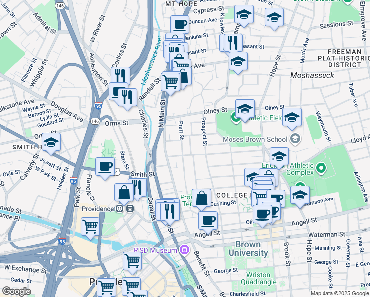 map of restaurants, bars, coffee shops, grocery stores, and more near 153 Congdon Street in Providence