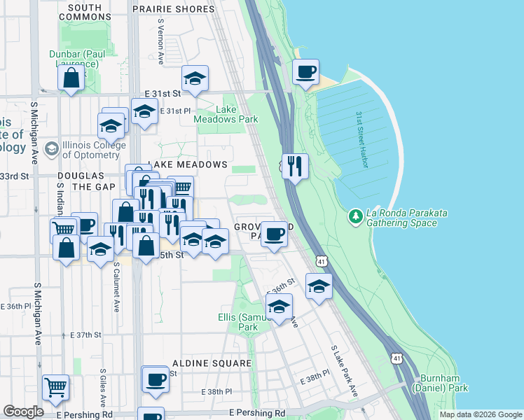 map of restaurants, bars, coffee shops, grocery stores, and more near 661 East Groveland Park in Chicago