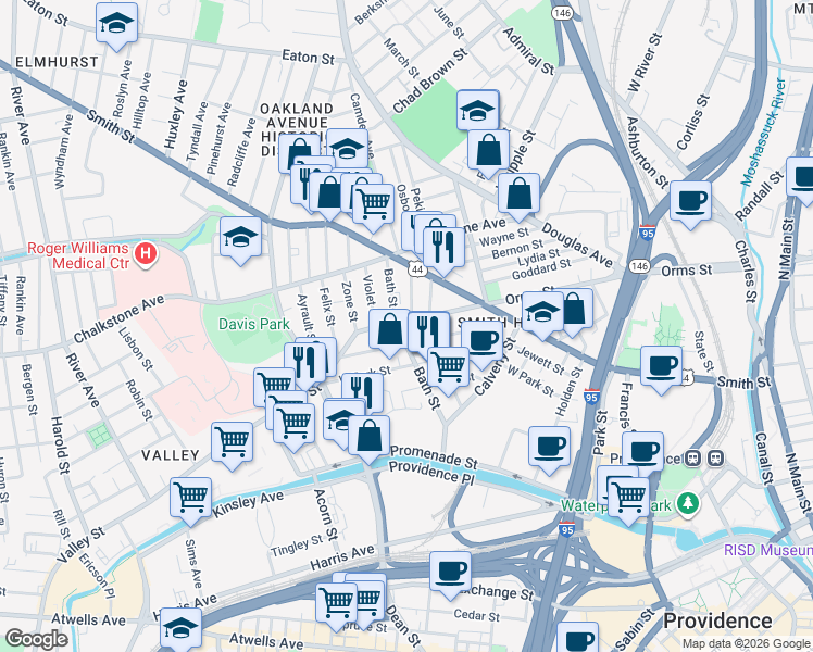 map of restaurants, bars, coffee shops, grocery stores, and more near 119 Bath Street in Providence