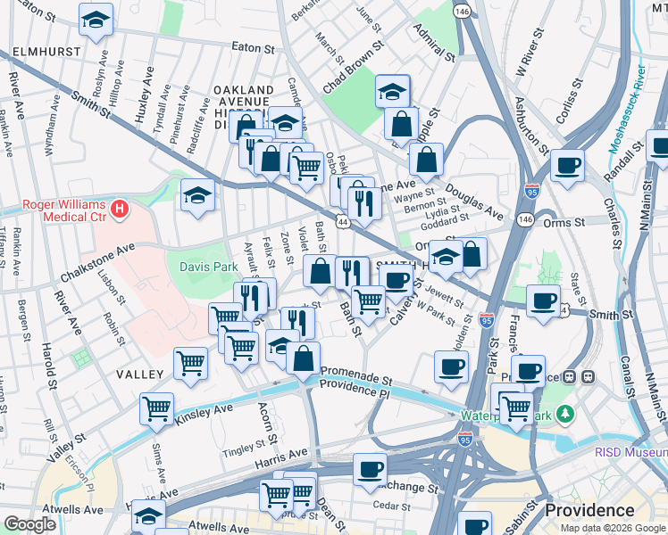 map of restaurants, bars, coffee shops, grocery stores, and more near 382 Orms Street in Providence