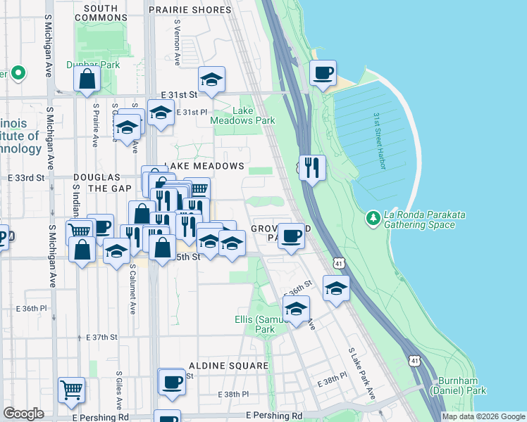 map of restaurants, bars, coffee shops, grocery stores, and more near 623 East Groveland Park in Chicago