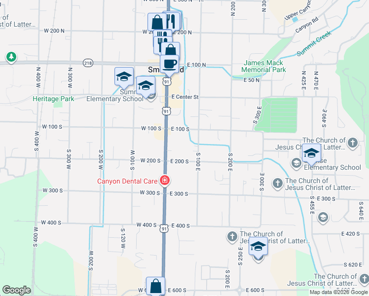 map of restaurants, bars, coffee shops, grocery stores, and more near 79 East 200 South in Smithfield