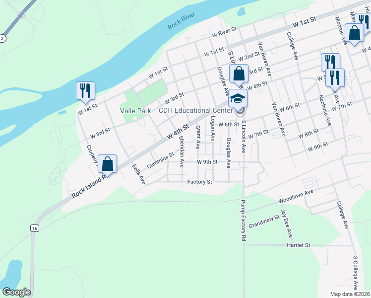 map of restaurants, bars, coffee shops, grocery stores, and more near 806 Sheridan Avenue in Dixon