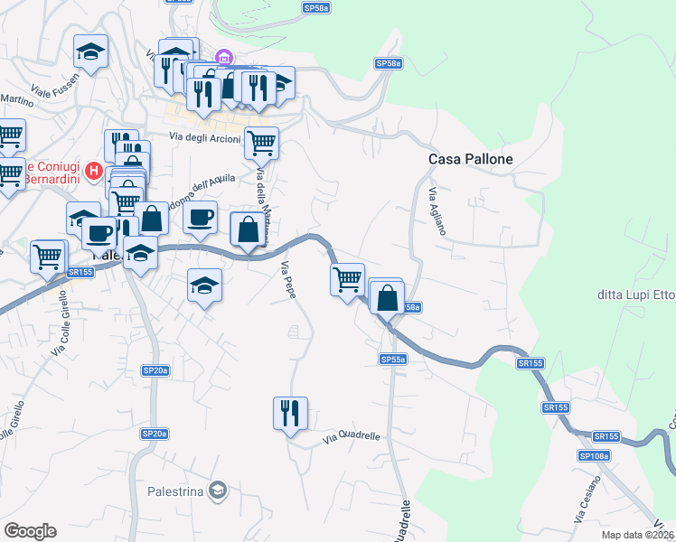 map of restaurants, bars, coffee shops, grocery stores, and more near 43 Strada Statale 155 in Palestrina
