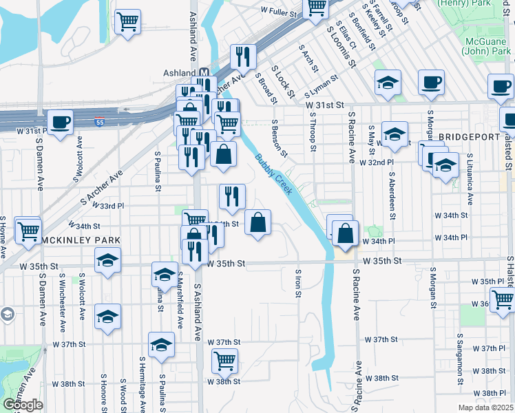 map of restaurants, bars, coffee shops, grocery stores, and more near 1430 West 34th Street in Chicago
