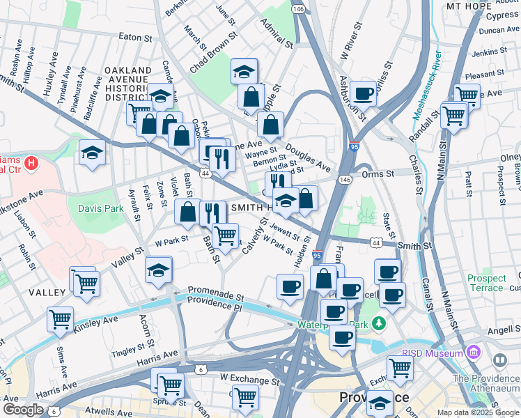 map of restaurants, bars, coffee shops, grocery stores, and more near 281 Smith Street in Providence